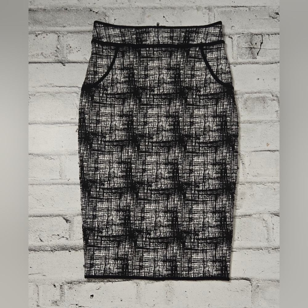 Faith and Joy Womens Pencil Skirt Small Black White Plaid Stretch Midi Workwear